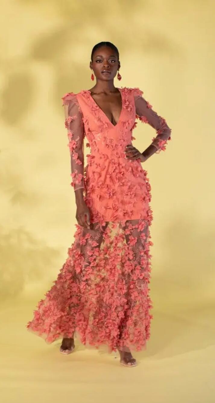 Helsi Blair Floral Appliqué V-Neck Long Sleeve Gown Maxi Dress Coral Size Large